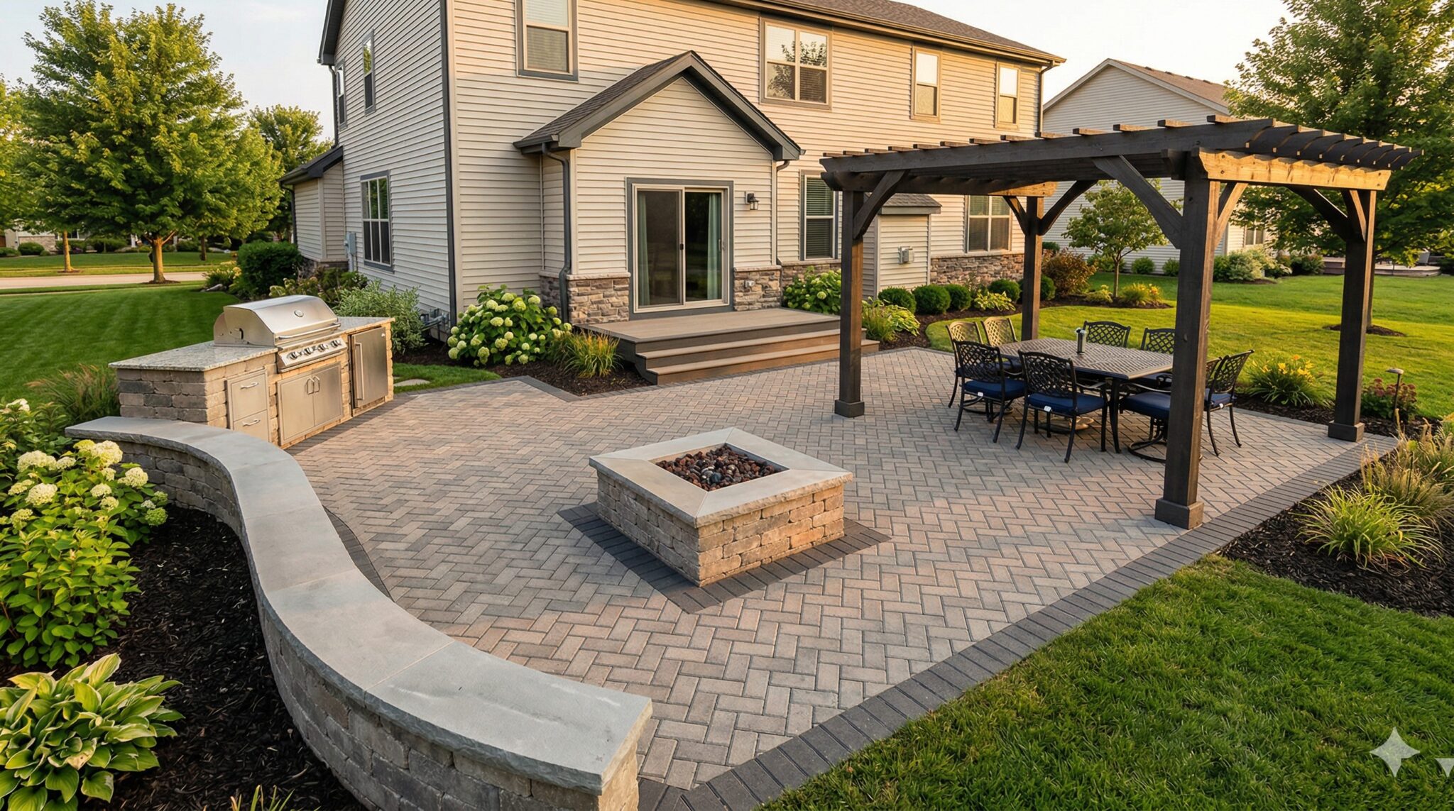Paver patio with fire pit, pergola, and built-in grill in Yorkville, IL - 4 Seasons Landscaping